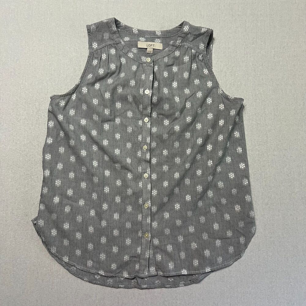 LOFT Womens M Gray White Floral Sleeveless Button Front Cotton Blouse Top
